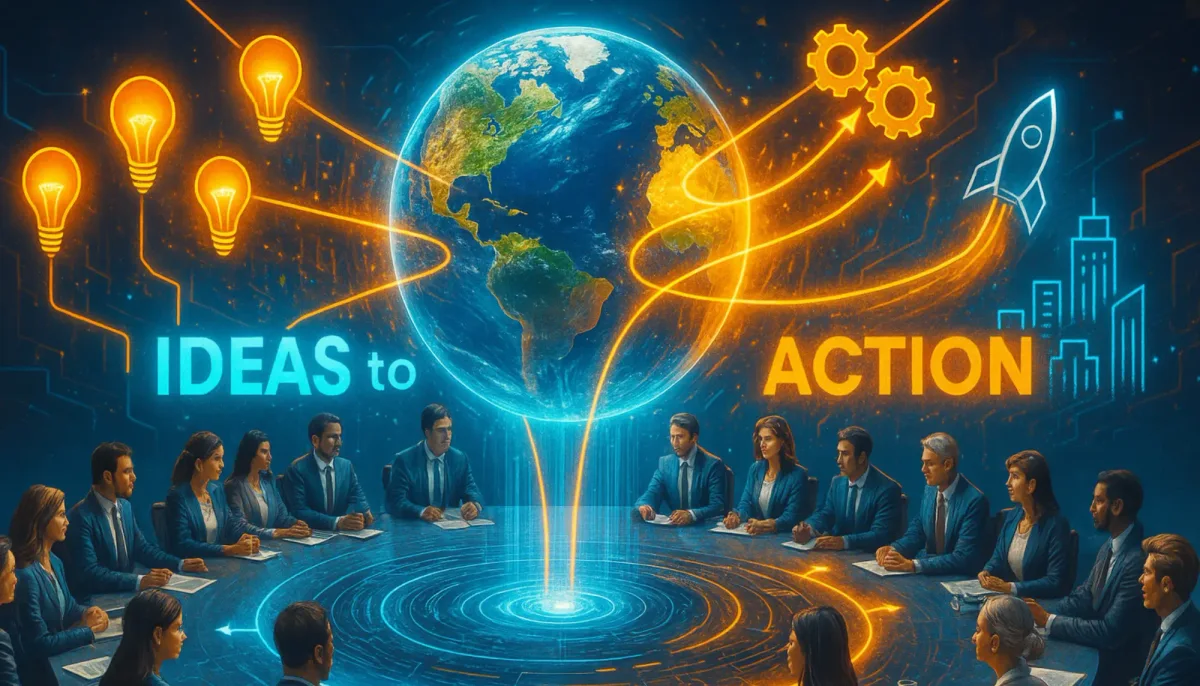 Spear Ritual illustration of people around a globe, connecting ideas with action.