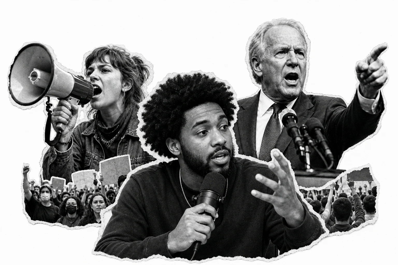 Political photomontage: activist with megaphone, podcaster with mic, and politician speaking — cut-out poster style