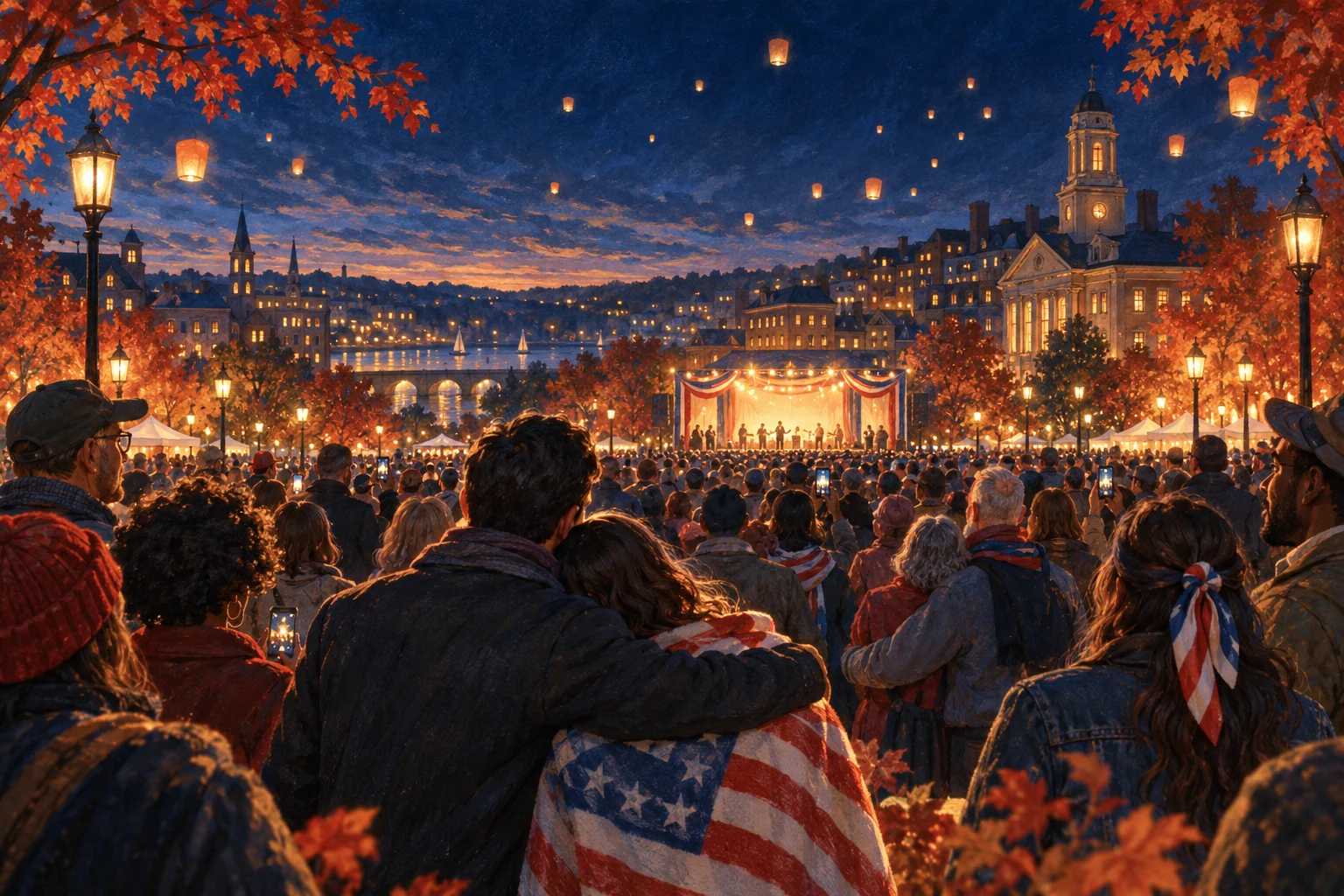 Illustration of an imagined public gathering in a town square at blue hour